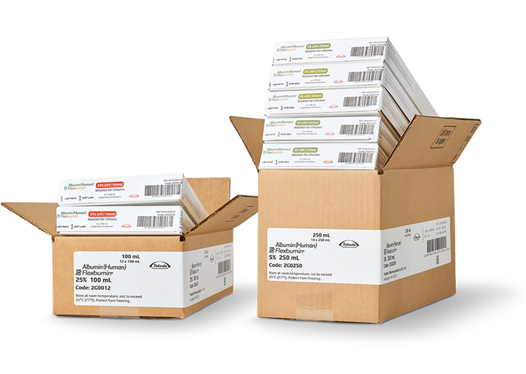 Two open shipping boxes containing stacked FLEXBUMIN product cartons labeled with concentration information