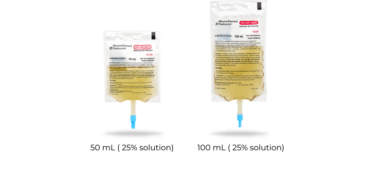 Two FLEXBUMIN IV bags; the left bag holds 50 milliliters, and the right bag holds 100 milliliters of 25 percent human albumin solution