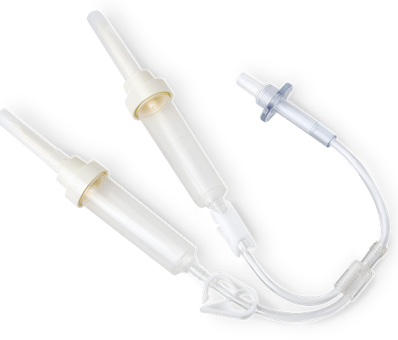 Dual-port Y-connector IV set with transparent tubing and two connectors for fluid infusion