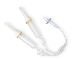 Dual-port Y-connector IV set with transparent tubing and two connectors for fluid infusion