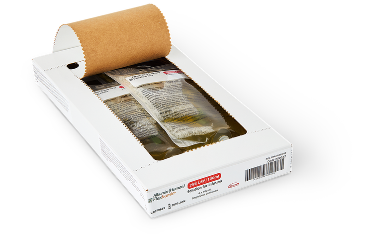 FLEXBUMIN IV bags in a partially opened white FLEXBUMIN carton with a brown perforated seal for easy access