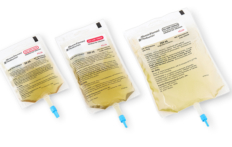 Three FLEXBUMIN IV bags containing human albumin solution, in different sizes, with blue connectors