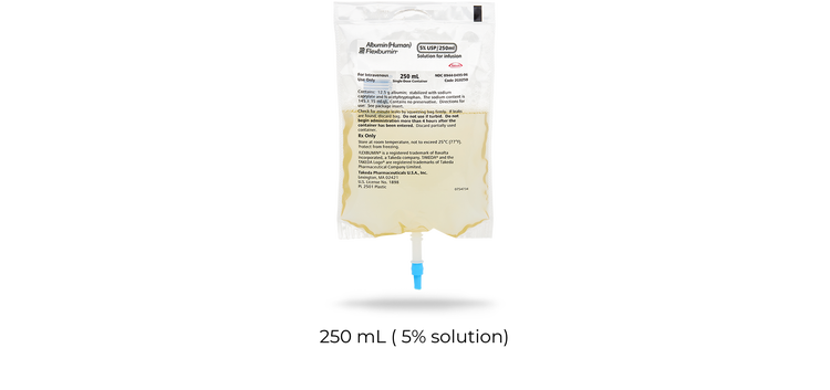 FLEXBUMIN 250 milliliter IV bag with 5 percent human albumin solution, transparent liquid, labeled, and a blue connector
